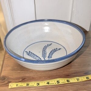 Vintage Stoneware Serveware Bowl Blue and White Wheat Stalks Marked Sq